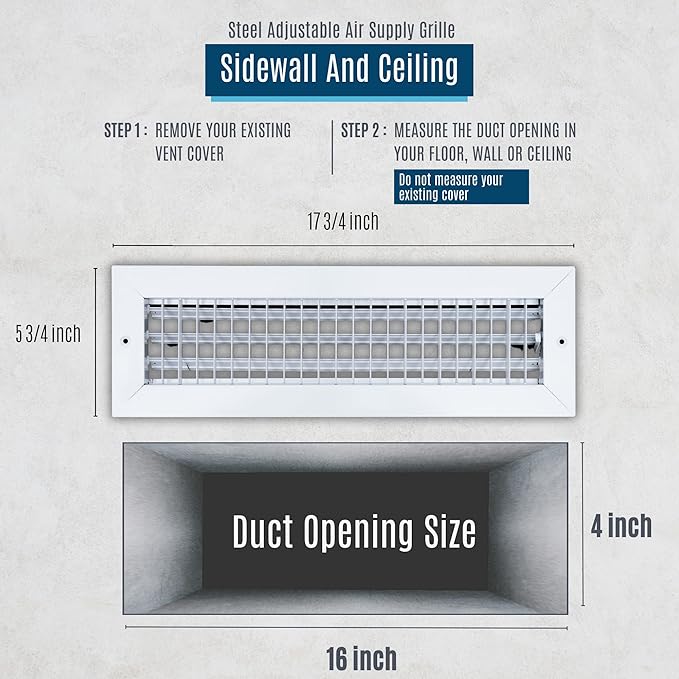 [5 Pack] Fits 16x4 Duct Opening Steel Adjustable Air Supply Grille by Handua | Register Vent Cover Grill for Sidewall and Ceiling | White | Out. Dim.: 17.75" X 5.75"