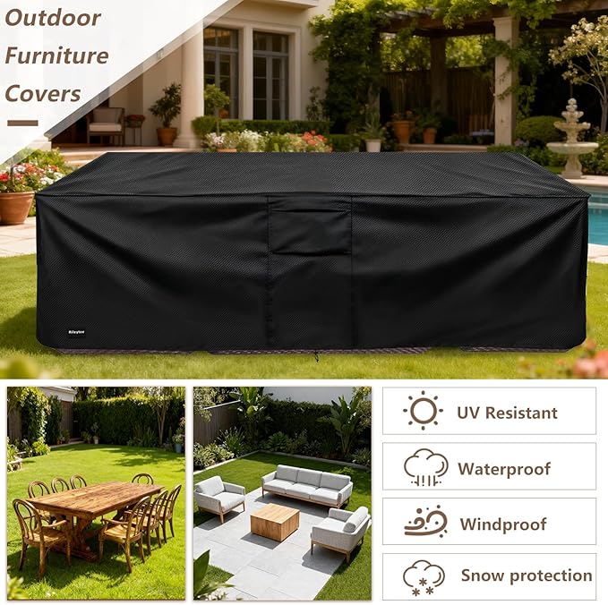Rectangular Patio Furniture Covers,Upgraded 600D Heavy Duty Outdoor Furniture Covers Waterproof,Outdoor Sectional Dining Table and Chairs General Purpose Furniture Set Cover,111"L × 74"W × 28"H,Black