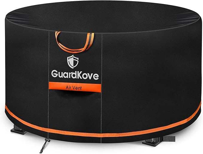 [Upgraded 1000D Heavy Duty Fabric] 50” Fire Pit Cover Round for 48”- 50” Fire Pit/Tables, Waterproof Tear & Fade Resistant Firepit Cover with Buckle, Handle, Drawstring, Air Vent (50”D x 24”H,Black)