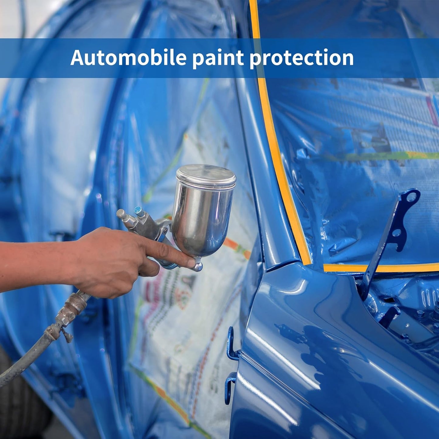 Pre-Taped Automotive Masking Film 4 Pack 59 in x 65 feet Rolls, Tape and Drape, Painters Plastic Drop Cloth for Automotive Painting Covering, House Decoration Furniture Floor Dustproof Cover