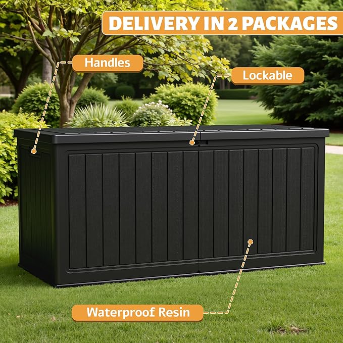 Flamaker Resin Deck Box 270 Gallon, Waterproof Imitation-Wood Lockable Storage Box with Separator Plate Outdoor Indoor, Garden, Patio Furniture for Tools&Pool Accessories (Black)