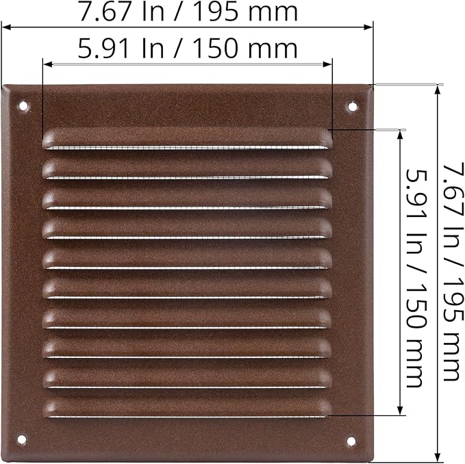 Square Ventilation Grille / 6" x 6" Inch Inside Measurement/Brown Metal Air Vent Louver - Inside/Outside use - / 7.7" x 7.7" Inch Outer Measurement