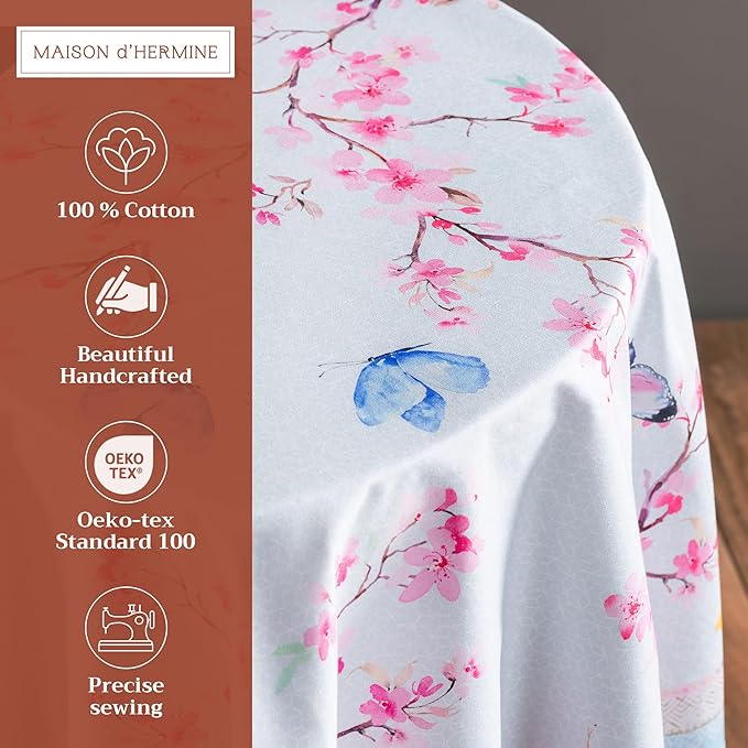 Maison d' Hermine Table Cloth Round Table 100% Cotton 69 Inches Tablecloth Reusable Decorative Everyday Use for Dining Room, Farmhouse, Home Party, Festive & Wedding Spring Summer - Blossoms In Spring