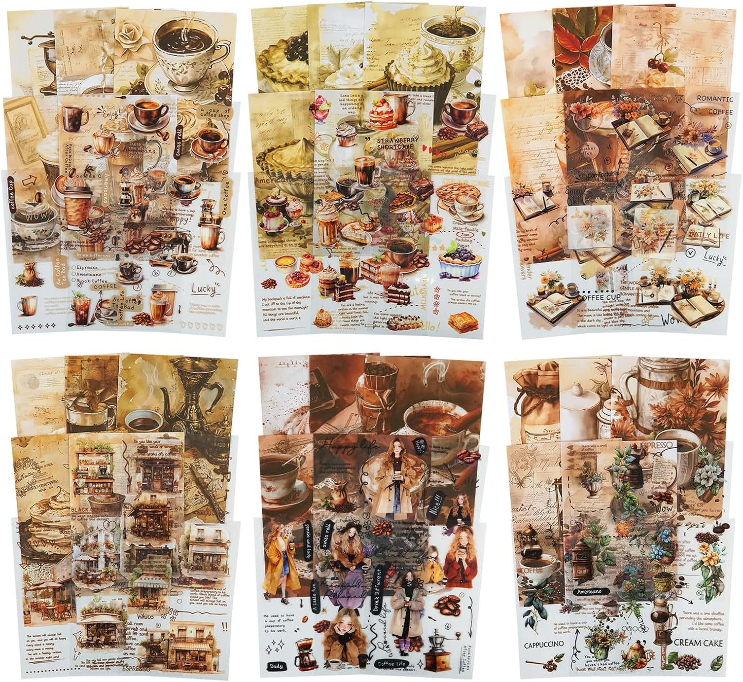 6Pcs Coffee Sticker Books, PET&Washi Stickers for Scrapbooking, DIY Crafts, Journaling Supplies & Junk Journal Ephemera