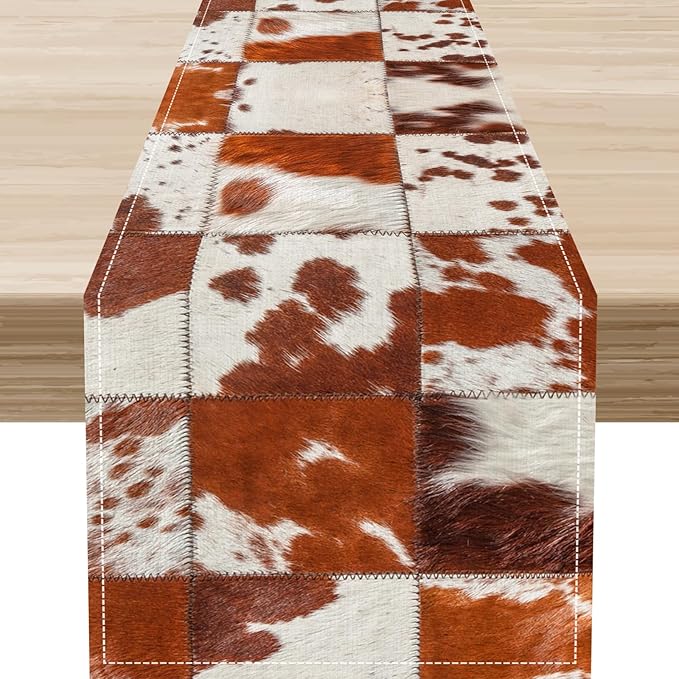Cow Print Table Runner, Brown Cowhide Print Collage Fur Western Style Table Runner Country Farmhouse Cottage Cow Pattern Linen Table Decoration for Home Kitchen Dining 13x90