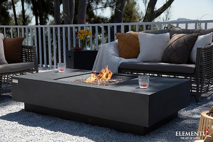 Elementi+ | Colorado Gas Fire Pit Cast Concrete 56" Rectangular Fire Table, Outdoor Fire Pit Electronic Ignition | Canvas Cover, Fire Glass and Burner Lid Included | Sunlight Yellow | Natural Gas