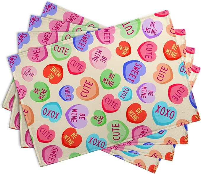 Valentine Pink Love Heart Candy Placemats Set of 4 Valentines Seasonal Table Mats Resistant Washable Dinner Mats for Outdoor Home Party Kitchen Dining 12x18 Inch