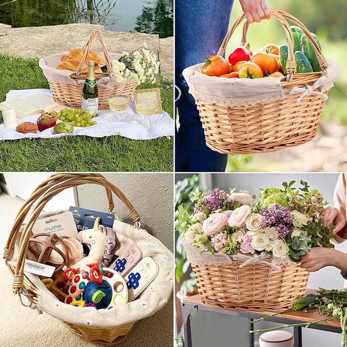 Natural Wicker Basket with Linen Lining, 14 Inch Large Wicker Woven Picnic Basket with Handle for Picnic, Camping, Outdoor Party