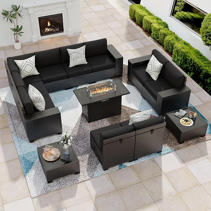 13 Piece Patio Furniture Set with Fire Pit Table, Outdoor Sectional Conversation Sets Black Wicker Rattan Sectional Sofa for Patio Garden Backyard, 4'' Thickened Cushion