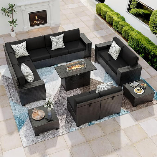 13 Piece Patio Furniture Set with Fire Pit Table, Outdoor Sectional Conversation Sets Black Wicker Rattan Sectional Sofa for Patio Garden Backyard, 4'' Thickened Cushion