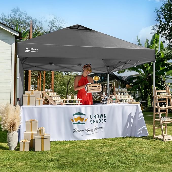CROWN SHADES 12x12 Pop Up Canopy Tent Instant Commercial with 150D Silver Coated Fabric Including 1 Removable Sidewall, 4 Ropes, 8 Stakes, Weight Bags, STO 'N Go Bag, Grid Grey