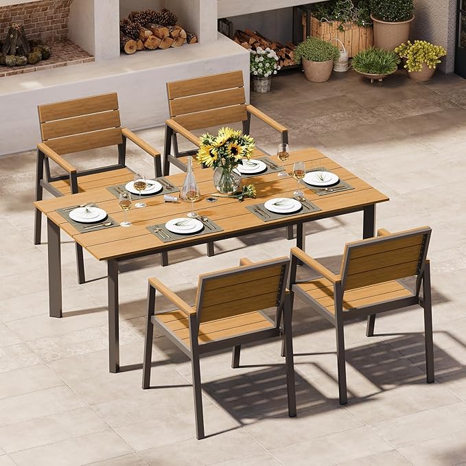 Outdoor Dining Set for 4, Patio Table and Chairs Set with Umbrella Hole, 5 Pieces HDPS + Aluminum Outdoor Furniture Sets for Patio, Garden (Gray & Teak)