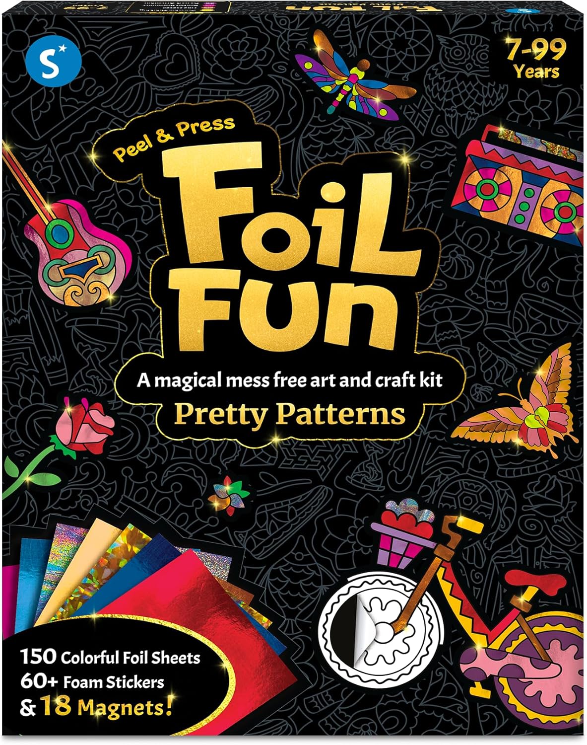 Skillmatics Foil Fun - Pretty Patterns, 18 DIY Magnets Mess-Free Art, Colorful Creative Party Activity, Craft Kits, 60+ Foam Stickers, Christmas Gifts for Kids, Teens, Adults, Families