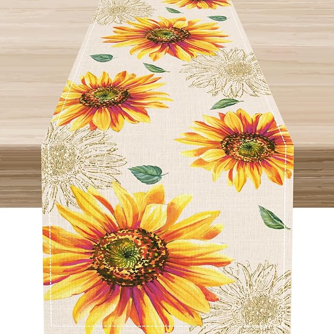 Summer Table Runner, Watercolor Yellow Floral Vase Spring Sunshine Farmhouse Rustic Coffee Table Center Decor for Home Kitchen Dining Patio Indoor Outdoor Table Decorations, 13"x108" Inch