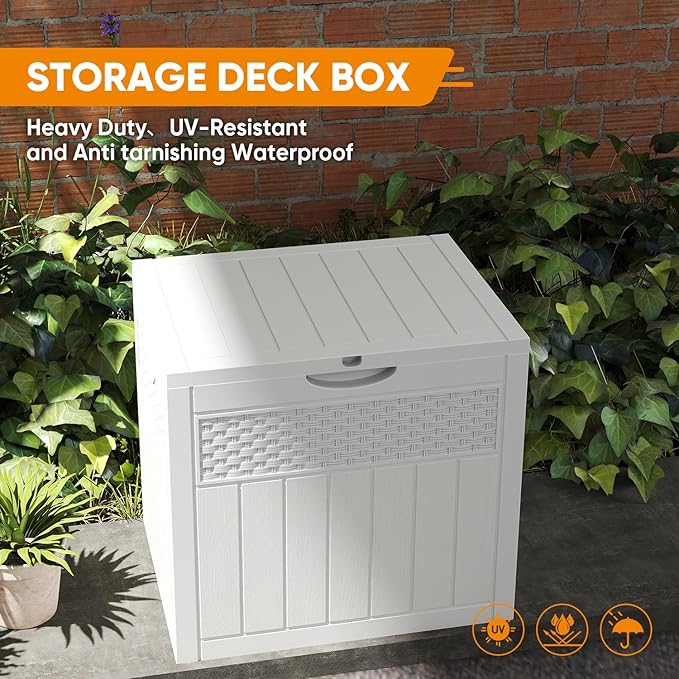 ZYJOYY 33 Gallon Resin Deck Box, Weatherproof Outdoor Storage Box for Patio, Garden and Yard, Lockable Waterproof Bin for Tools, Cushions, and Accessories, White