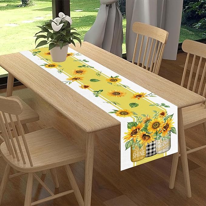 Sunflower Table Runner, Watercolor Yellow Floral Vase Spring Sunshine Summer Farmhouse Rustic Coffee Table Center Decor for Home Kitchen Dining Patio Indoor Outdoor Table Decorations, 13"x36" Inch