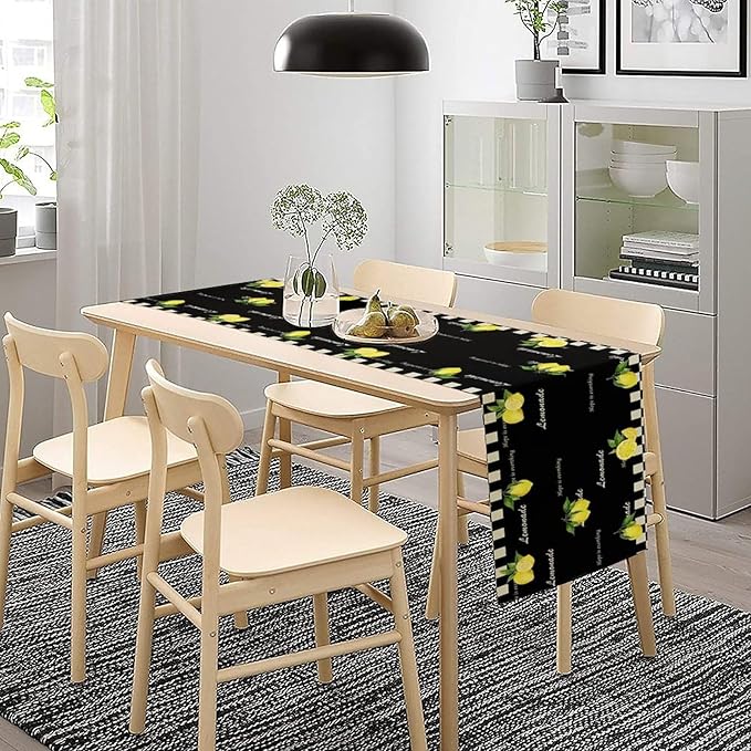 Lemon Table Runner,White Black Buffalo Plaid Watercolor Summer Fruit Print Table Runner for Kitchen Dining Table Indoor Outdoor Home Party Decor 13x90in