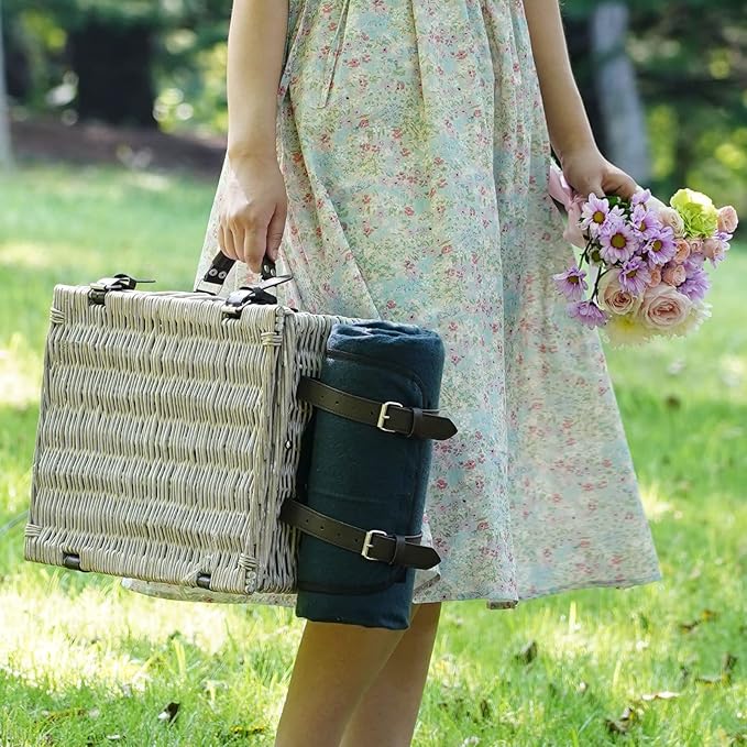 Picnic Basket Sets for 4 Persons with Insulation Layer,Waterproof Picnic Blanket, Tableware for Family,Party,Outdoor Living,Camping