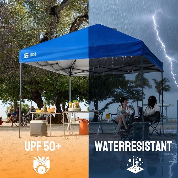CROWN SHADES 10x10 Pop Up Canopy Tent - Patented Center Lock One Push Instant Outdoor Canopy Beach Tent with STO-N-Go Bag 8 Stakes & 4 Sand Bags，Blue