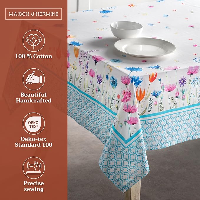 Maison d' Hermine Table Cloth Rectangle Table 100% Cotton 60 x 108 Inches Tablecloth Reusable for Dining Room, Farmhouse, Home, Party, Festive & Wedding Spring Summer - Flower in The Field