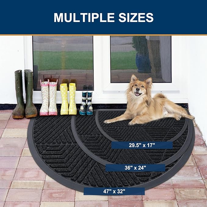 Smiry Half Circle Front Door Mat Outside Entrance, Heavy Duty Sturdy Natural Rubber Doormat, Trap Dirt and Moisture, Low Profile Mats for Indoor Outdoor Entry, Irregular Triangle (36x24, Black)