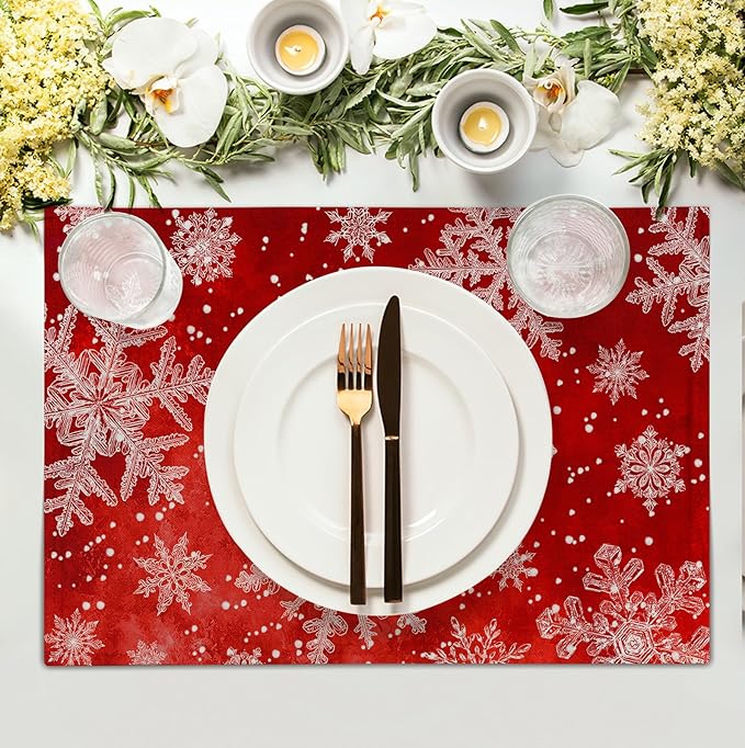 Red Snowflake Xmas Placemats Set of 4 Merry Christmas Snowflakes Linen Fabric Table Mats Seasonal Winter Holiday Washable Place Mats for Party Kitchen Dining Outdoor Indoor Decor