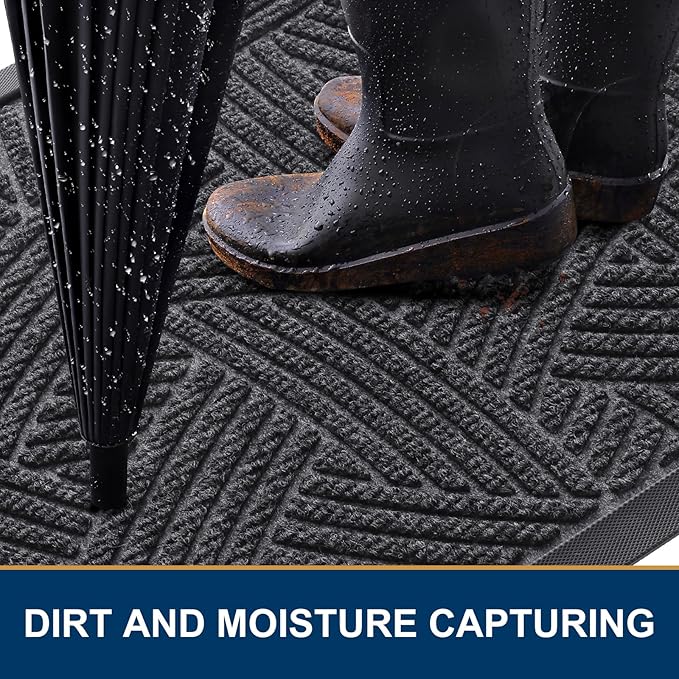 Smiry Front Door Mat Outside Entrance, Heavy Duty Sturdy Natural Rubber Doormat, Trap Dirt and Moisture, Easy Clean Low Profile Mats for Indoor Outdoor Entry, Interwoven Stripes (36x24, Grey)