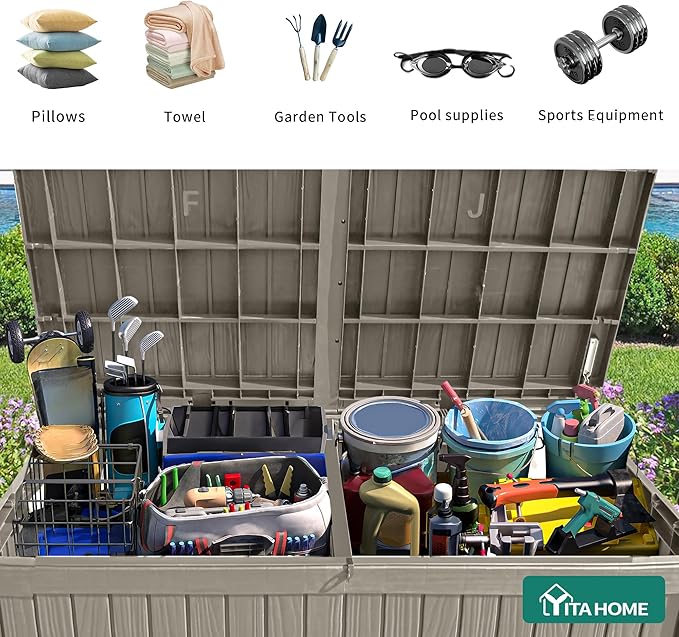 YITAHOME 150 Gallon Large Deck Box w/Divider, XL Waterproof Outdoor Storage for Patio Furniture,Outdoor Cushions, Garden Tools, Sports Equipment and Pool Supplies, Resin, Lockable, Taupe