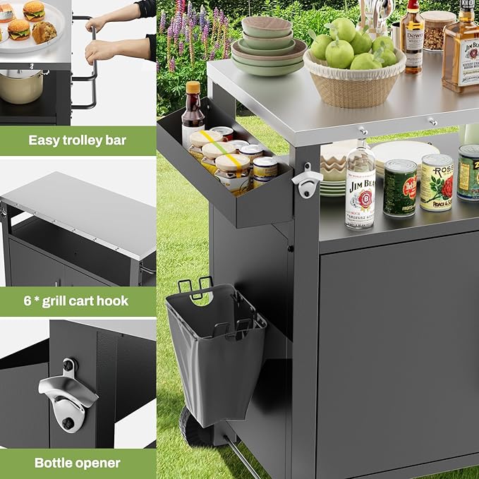 Outdoor Grill Cart with Patio Furniture, Outdoor Grill Table with Storage,Rolling Bar Cart Outdoor BBQ Cart with Hooks and Spice Rack for Grilling Accessories(Double Door, Black)