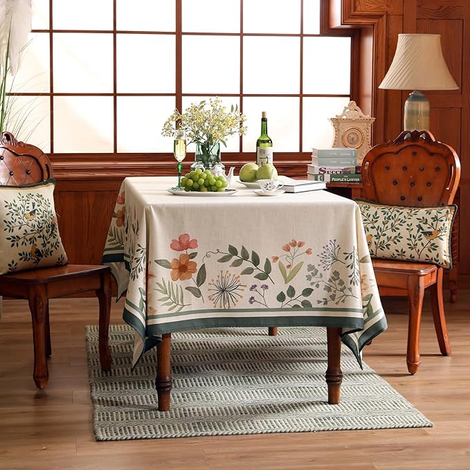 Beige Linen Extra Long Rectangle Tablecloth,Vintage French Shabby Chic Floral Wrinkle Free Table Cloth,Decor Table Cover for Kitchen,Dining,Christmas,Thanksgiving,67"*118"-Manolya