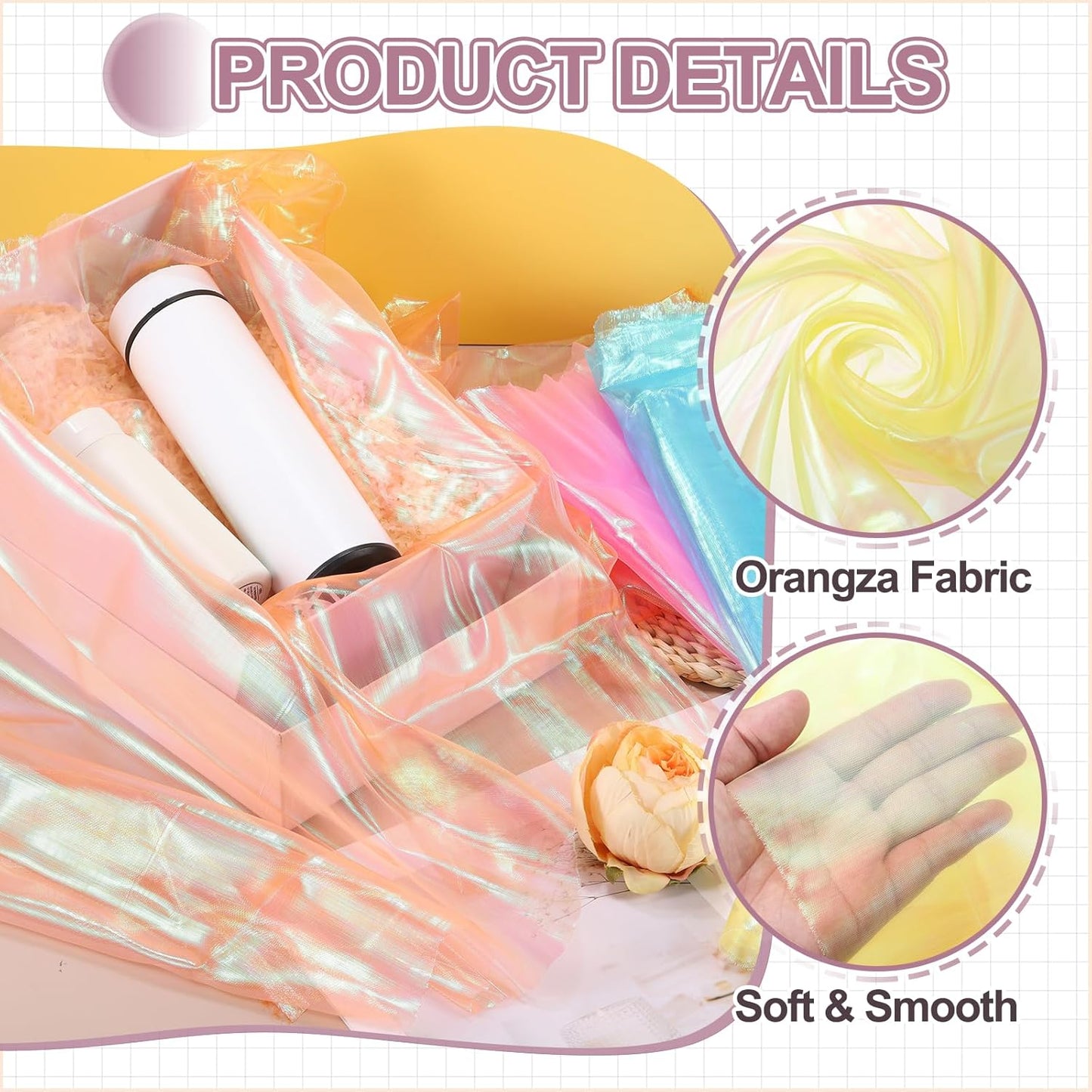 MECCANIXITY Iridescent Sheer Organza Fabric, 2 Yards x 59 Inches Solid Laser Holographic Shiny Fabric Organza Cloth for Wedding, Curtains, Costume, Photo Background, Yellow