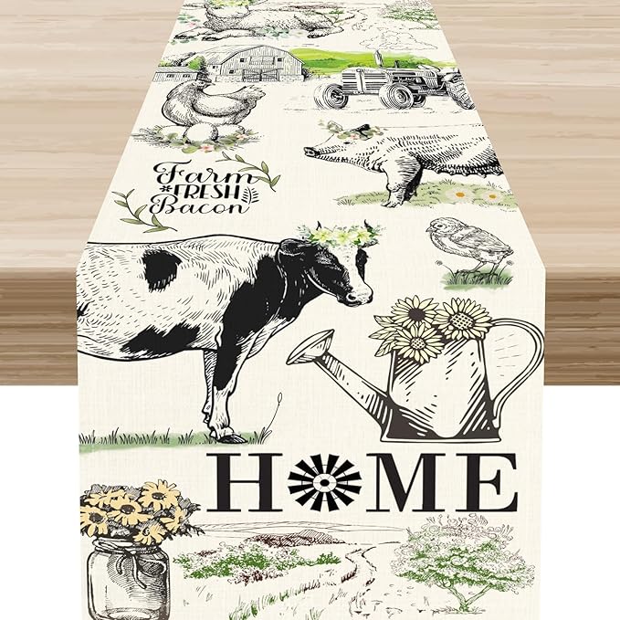 Farmhouse Cow Table Runner, Rustic Rooster Chicken Pig Floral Leaves Animals Spring Coffee Table Center Decor for Family Kitchen Dining and Outdoor Country Holiday Party Table Decorations, 13"x36"