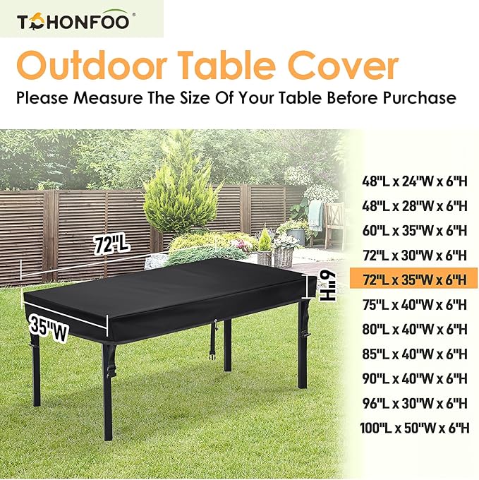 TOHONFOO Rectangular Patio Table Cover - Waterproof Anti-UV Outdoor Table Cover - Outdoor Patio Furniture Cover 72" L x 35" W x 6" H