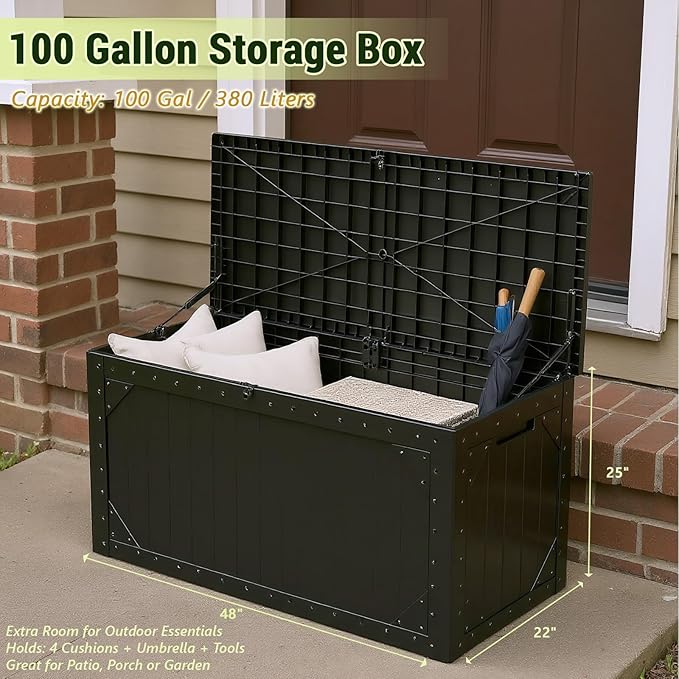100 Gallon Resin Deck Box, Waterproof Outdoor Storage Box for Patio Furniture, Garden Tools, and Pool Accessories, Lockable UV-Resistant Storage Bin Bench Cabinet for Outside, Black