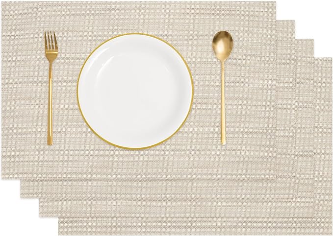 uxcell Faux Linen Placemats, 12x18 Inch Heat Resistant Place Mats Machine Washable Non-Slip Cloth Placemats for Dining Table Kitchen Indoor Outdoor Home Decoration(Beige,4Pcs)