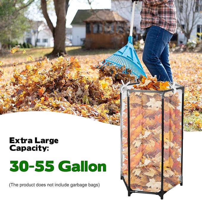 Rainmae Garden Trash Bag Holder Stand with Clips 30-55 Gallon Heavy-Duty Metal Frame Leaf Bag Holder Outdoor Waste Bags Holders for Yard & Lawn Cleanup, Gardening, Camping, Parties