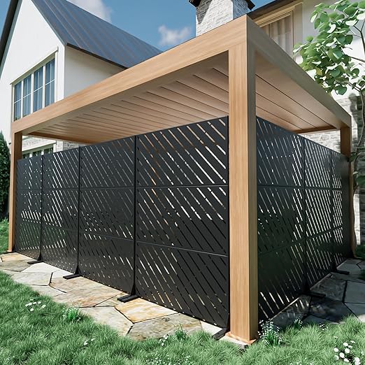 Casaphoria 72" H x 47" W Metal Outdoor Privacy Screen, Freestanding Decorative Divider for Patio, Deck, Balcony, and Garden with Stable Base, Black Bernard