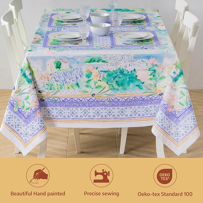 Maison d' Hermine Premium Table Cloth Rectangle Table 100% Combed Cotton 140 x 70 Inches Tablecloth Reusable Decorative for Dining Room, Farmhouse, Home, Party, Festive & Wedding - Luberon