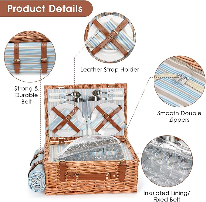 HappyPicnic Wicker Picnic Basket Set for 4 Persons | Large Willow Hamper with Large Insulated Cooler Compartment, Waterproof Blanket and Cutlery Service Kit-Classical Brown