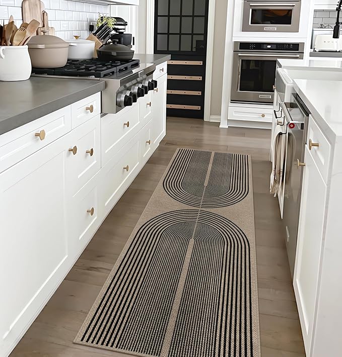 Easy Jute Rainbow Runner Rug, 2x6 Washable Rugs Runner for Hallway Non-Slip Boho Farmhouse Kitchen Runner Rug, Black and Nature Abstract Outdoor Carpet for Porch Laundry Entryway