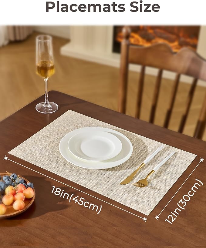 Leetaltree Beige Placemats Set of 12 - Heat Resistant Non-Slip Place mats for Dining Table, Washable Durable PVC Vinyl Woven Table Mats(Beige, 12)