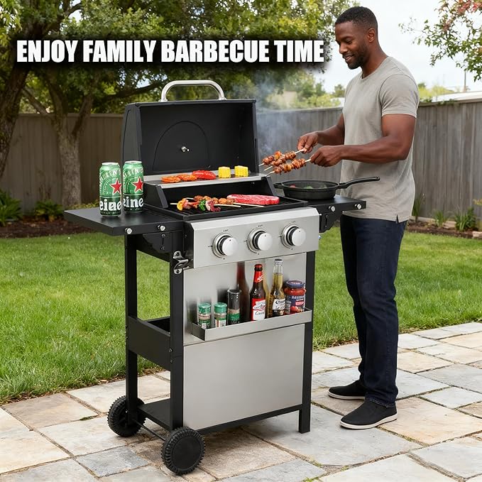 3-Burner Propane Gas BBQ Grill with Side Burner, 25650 BTU Output With Enameled Cast Iron Cooking Grids For Outdoor Barbecue, Stainless Steel