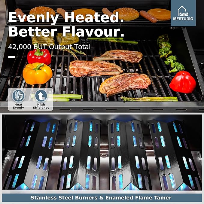 MFSTUDIO 4-Burner BBQ Propane Grill with Searing Side Burner, Porcelain-Enameled Cast Iron Grates,Thicker and taller lid, Stainless Steel Gas Grills for Outdoor and Patio Barbecue Cooking
