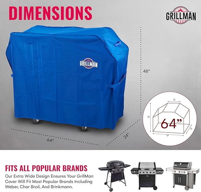 Grill Cover by Grillman, Blue, 64 Inch, BBQ Outdoor Grill Covers, Charcoal & Gas Grills, Waterproof, Rip-Proof, Weather-Resistant, Anti-UV, Barbecue Cover for Weber, Genesis, Charbroil, Nexgrill, etc