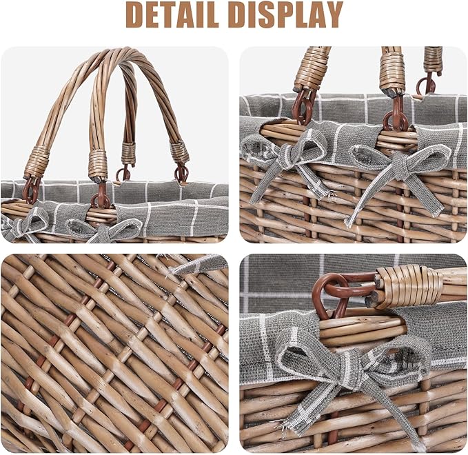 G GOOD GAIN Oval Picnic Basket with Folding Handles, Willow Hand Woven Shopping Basket, Bath Storage Gift Packing Basket, Wicker Empty Easter Eggs and Candy Small Gift Basket.GreyCheck