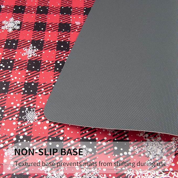 QIYI Christmas Placemats Set of 6, 12x18 Inch Faux Leather Place Mats for Kitchen Dinning, Heat Resistant Non Slip Winter Table Mats, Waterproof Wipeable Placemat Party Décor, Buffalo Plaid Snowflakes