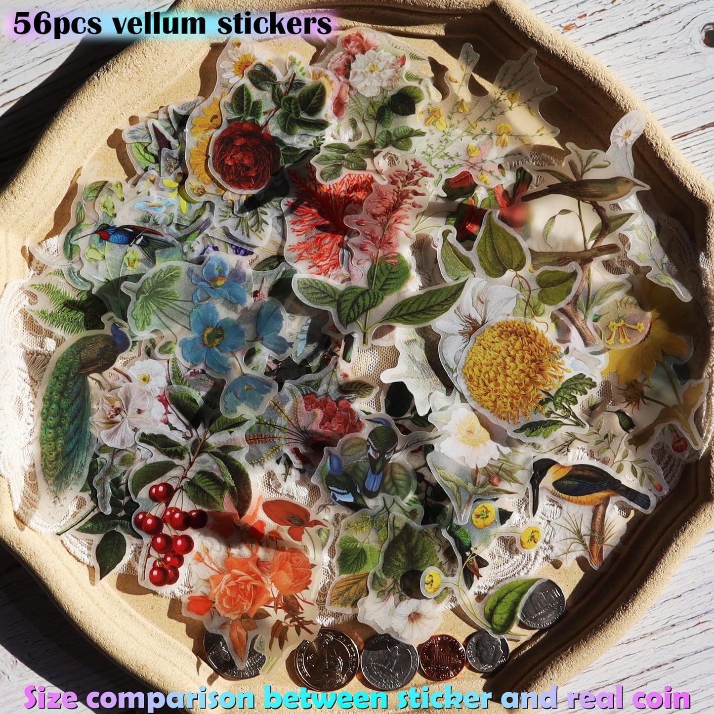 Vintage Vellum Stickers Floral Plants Elements Scrapbooking Supplies Flowers Botanic Natural Translucent Paper Self-Adhesive Junk-Journal Items (Bird Patterns)