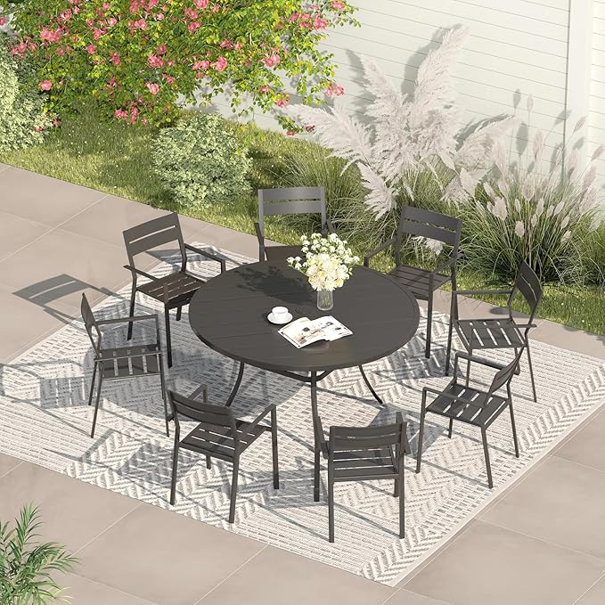 VICLLAX 53" Outdoor Round Patio Table for Lawn Garden, All Weather Metal Round Patio Dining Table with Adjustable Umbrella Hole, Patio Table for 8 Person, Black Tabletop
