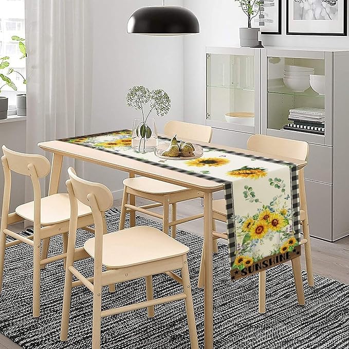 Sunflower Table Runner, Buffalo Floral Seasons Spring Summer Fall Table Runner for Kitchen Dining Farmhouse Home Party Outdoor 13x70in