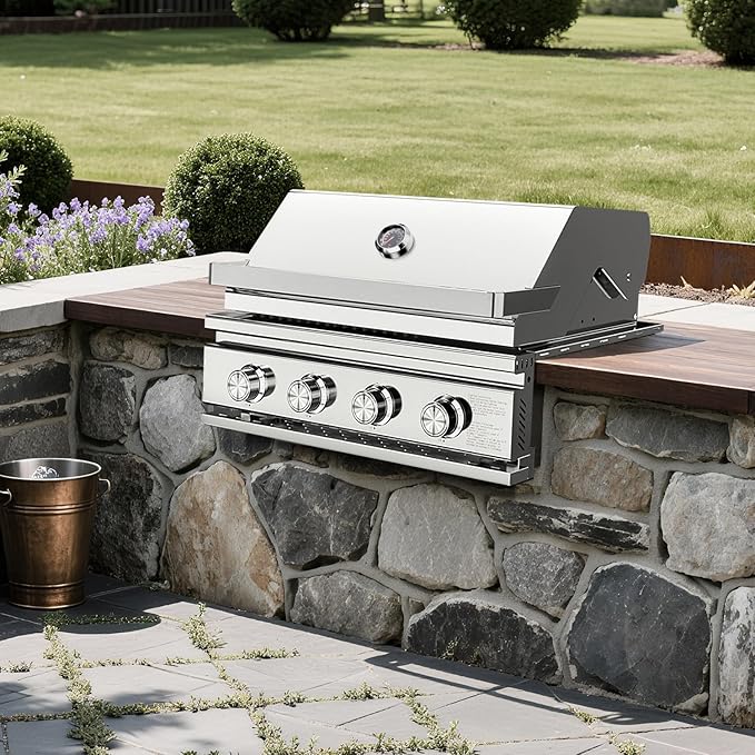 Premium Built In 4 Burner Propane Gas Grill, ALL-Thickened 304 Stainless Steel, 32,000 BTU with 516sq.in. Cooking Space, Baking Tray & Grates,for Patio Backyard Parties Barbecue